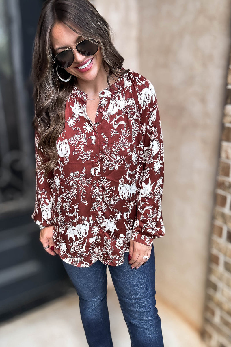 Cinnamon Abstract Print Satin Front Button Down Blouse