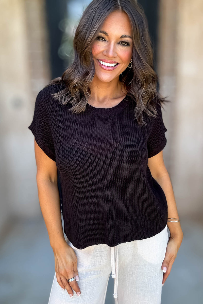 Lookout Black Crew Neck Short Sleeve Crochet Knit Pullover