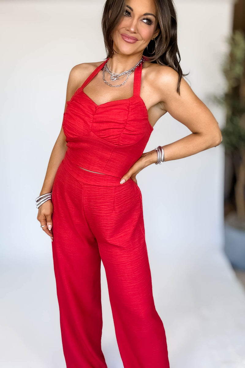 Red High Waisted Wide Leg Pants
