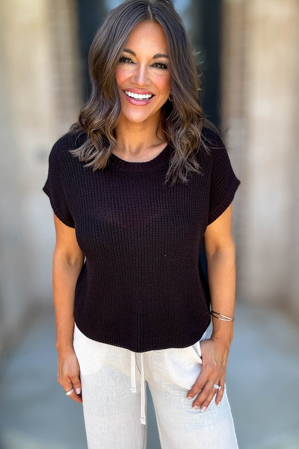 Lookout Black Crew Neck Short Sleeve Crochet Knit Pullover