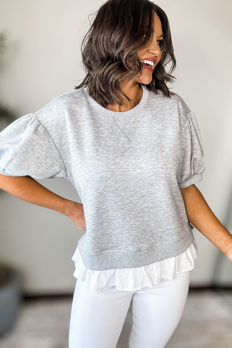 Softest Heather Grey Solid Ruffly Trim Hem Sweatshirt Top