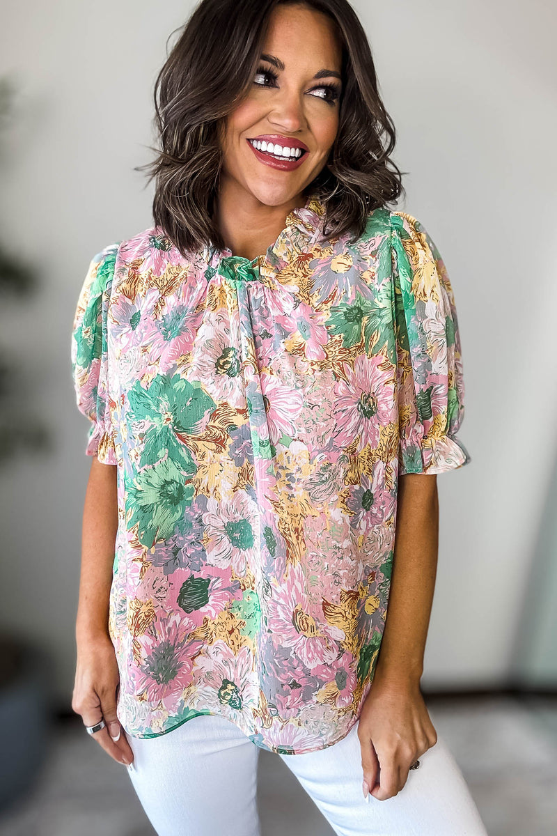 Flower Print Puffed Sleeves Top