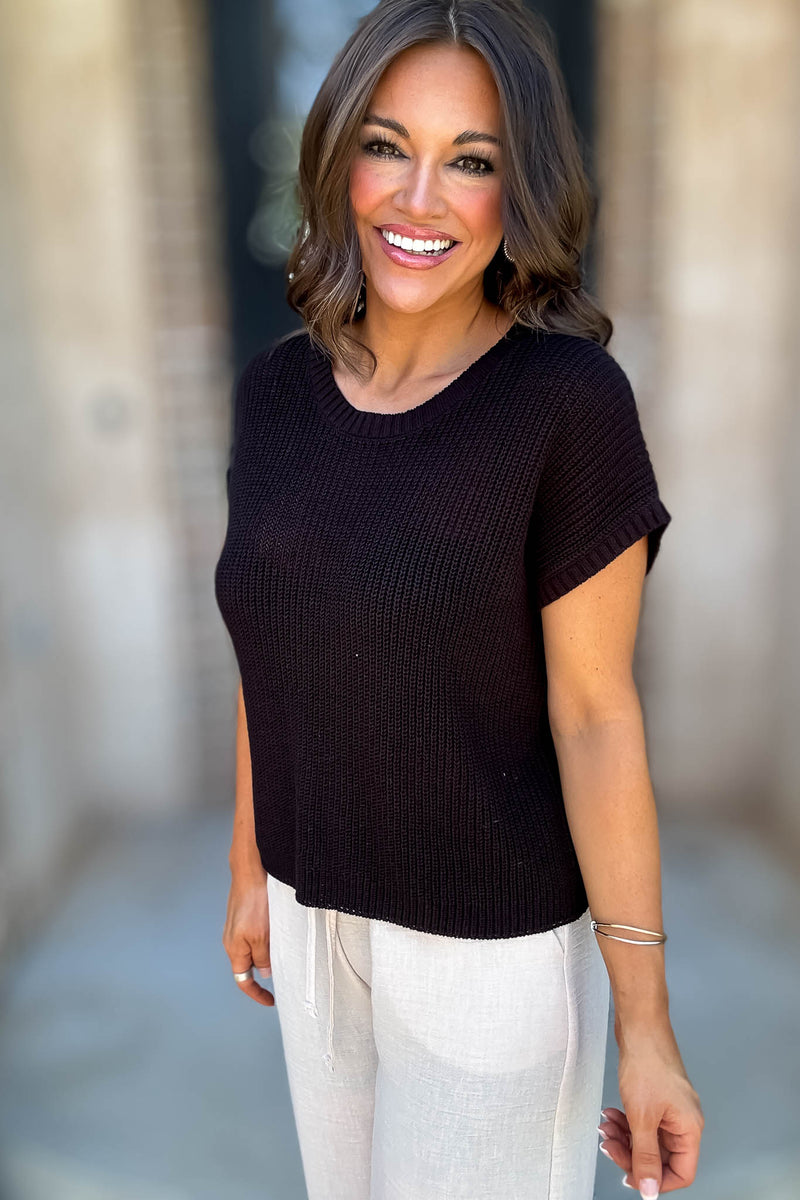 Lookout Black Crew Neck Short Sleeve Crochet Knit Pullover