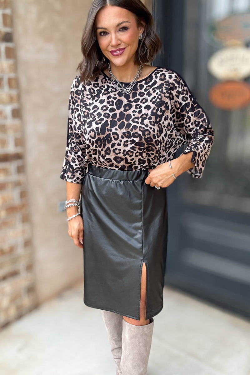 Black Elastic Slit Side Pleather Pencil Skirt