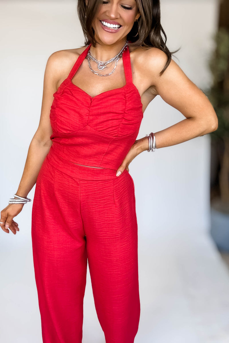 Red High Waisted Wide Leg Pants