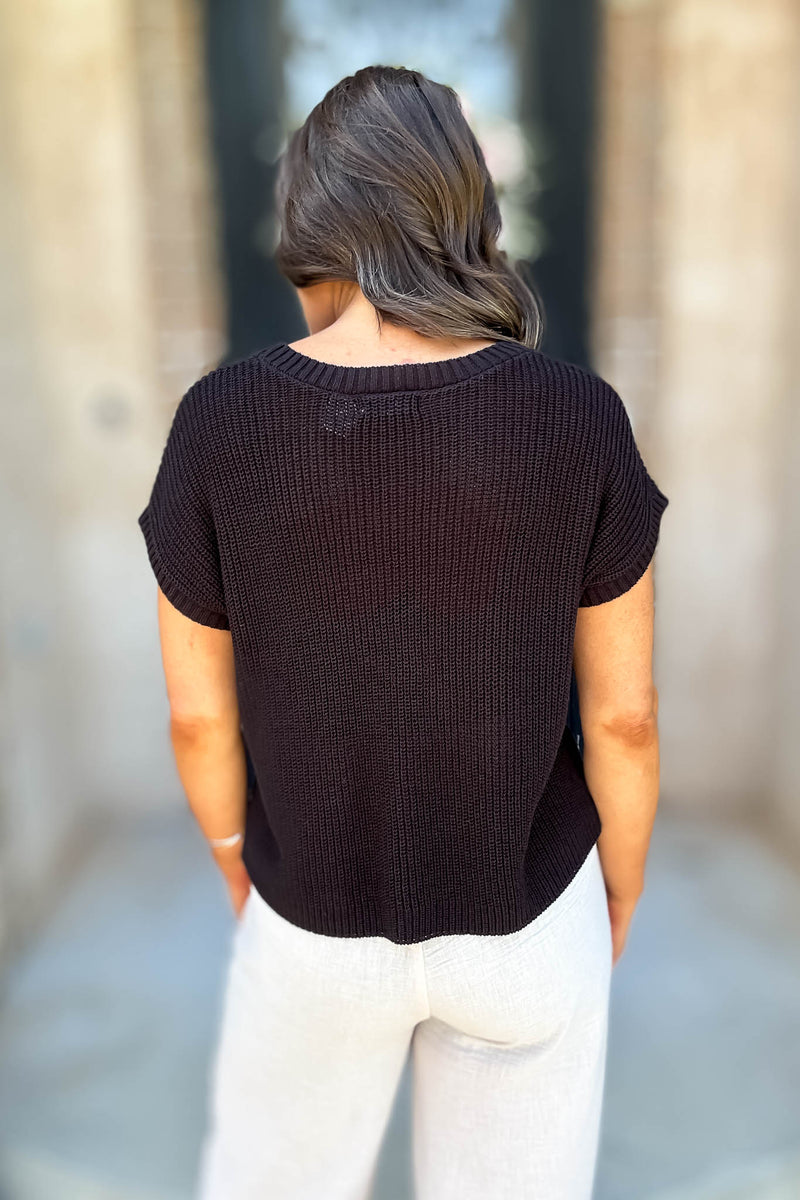 Lookout Black Crew Neck Short Sleeve Crochet Knit Pullover