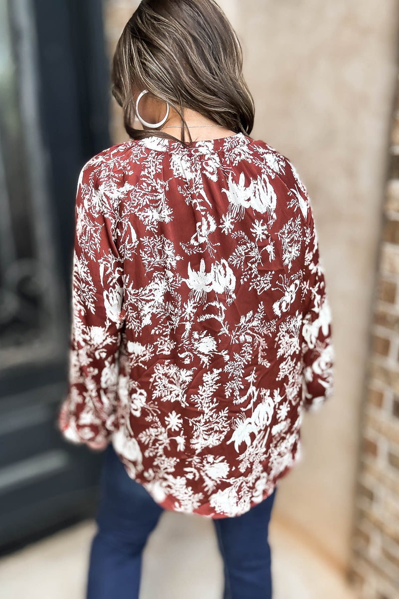Cinnamon Abstract Print Satin Front Button Down Blouse