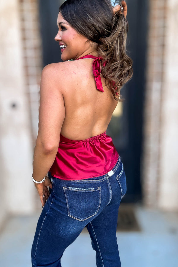 Satin Red Sleeveless Halter Top