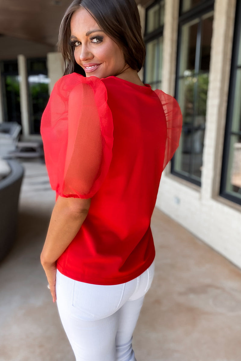 Sight For Sore Eyes Red Sweetheart Organza Balloon Sleeve Top