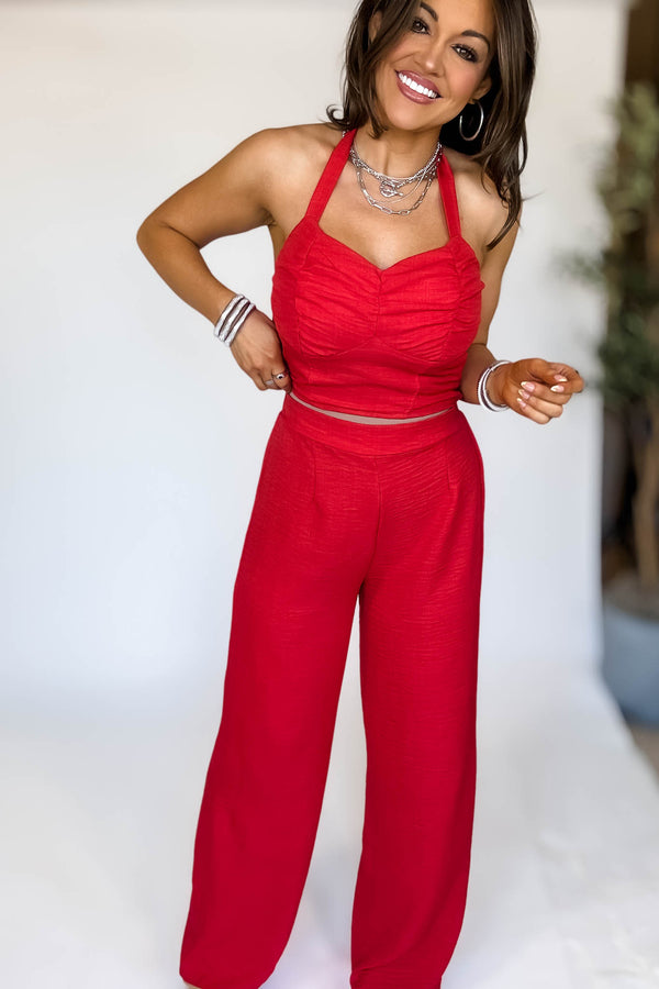 Red High Waisted Wide Leg Pants