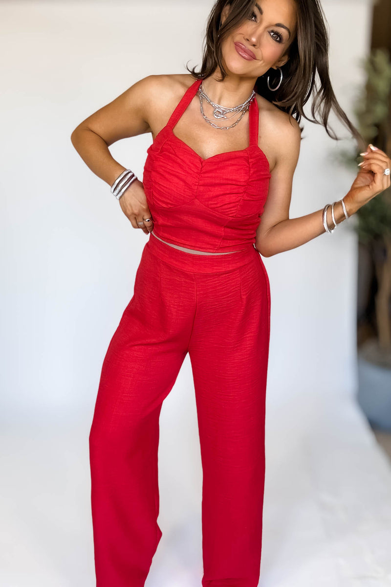 Red High Waisted Wide Leg Pants