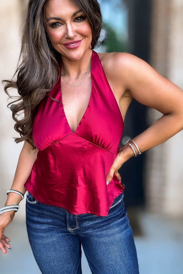 Satin Red Sleeveless Halter Top