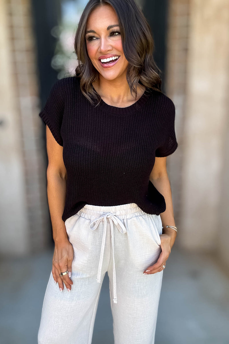 Lookout Black Crew Neck Short Sleeve Crochet Knit Pullover