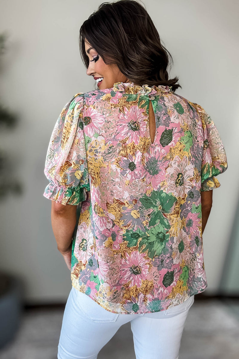Flower Print Puffed Sleeves Top