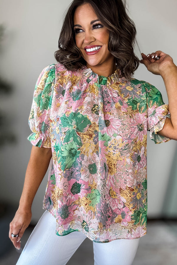 Flower Print Puffed Sleeves Top