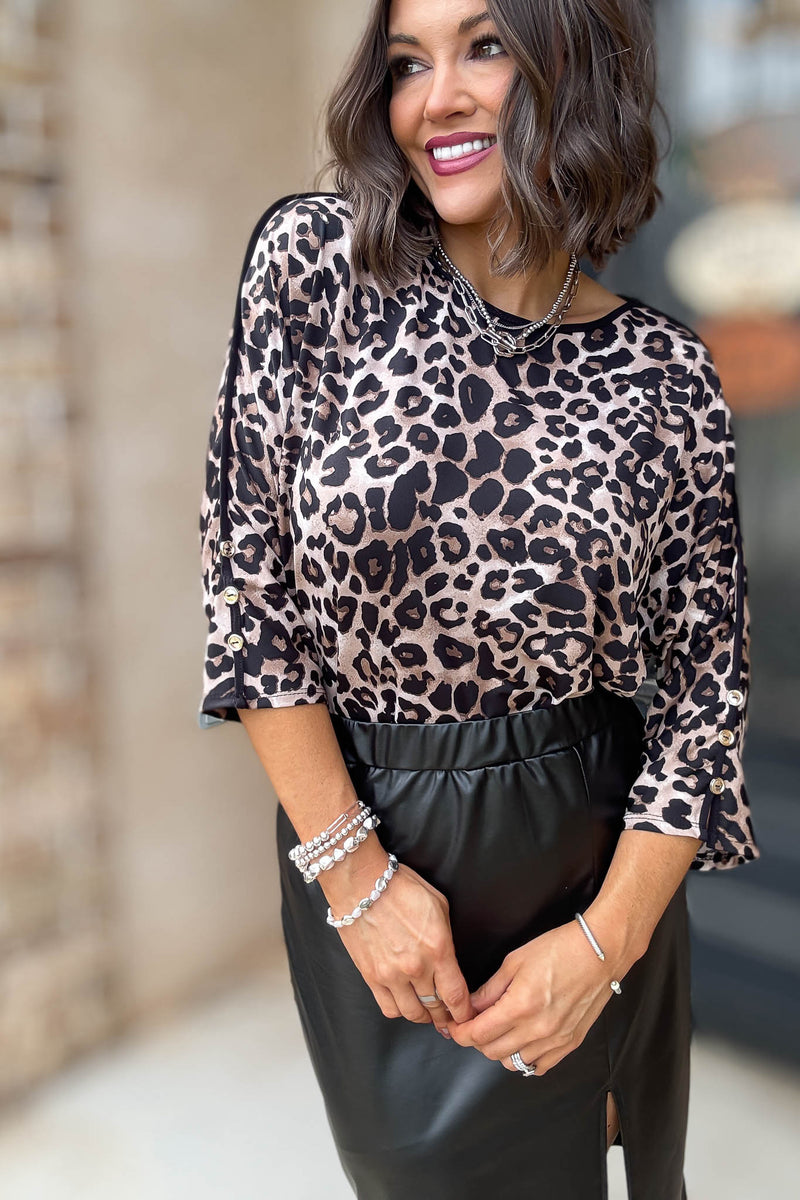 Animal Print Scoop Neck Pipping W/ Button Detail Top