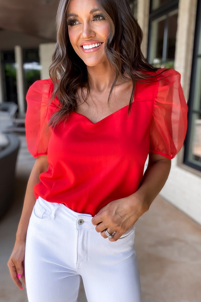 Sight For Sore Eyes Red Sweetheart Organza Balloon Sleeve Top
