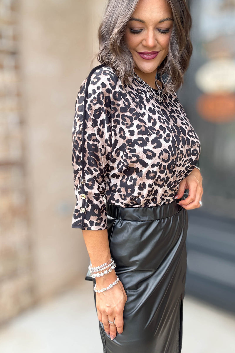 Animal Print Scoop Neck Pipping W/ Button Detail Top
