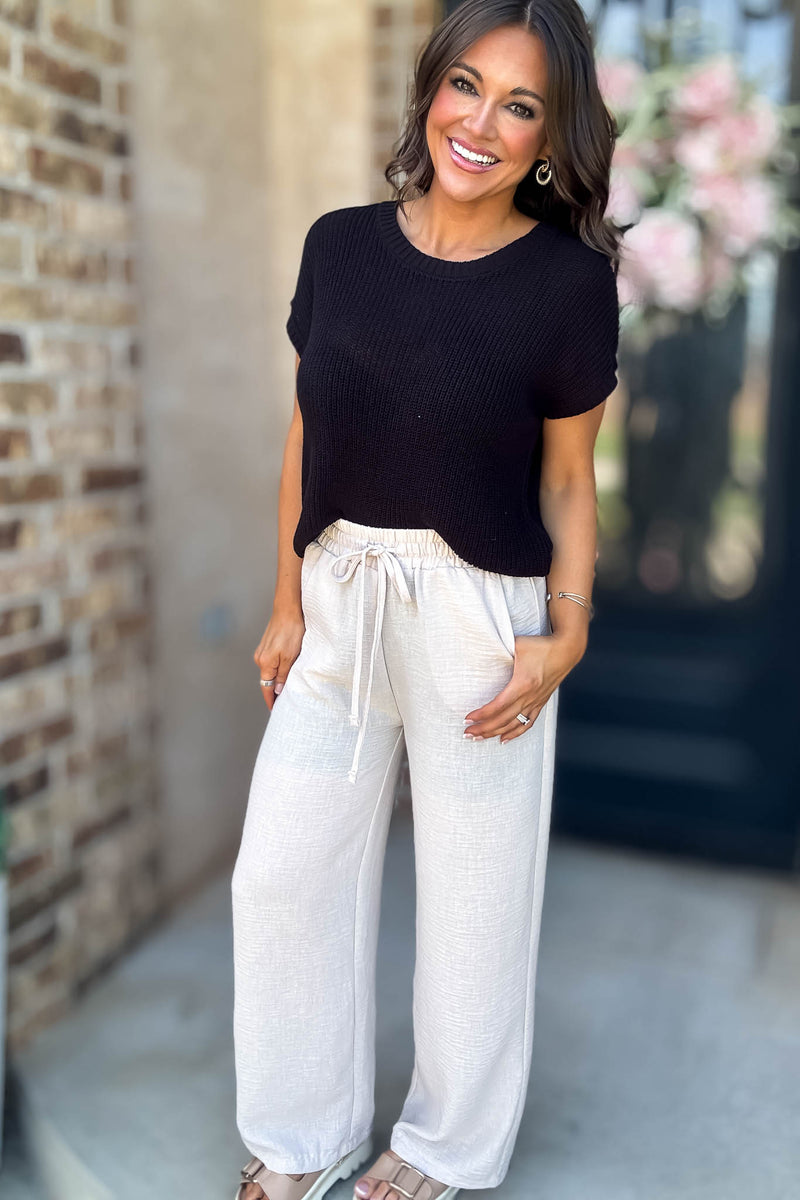 Lookout Black Crew Neck Short Sleeve Crochet Knit Pullover