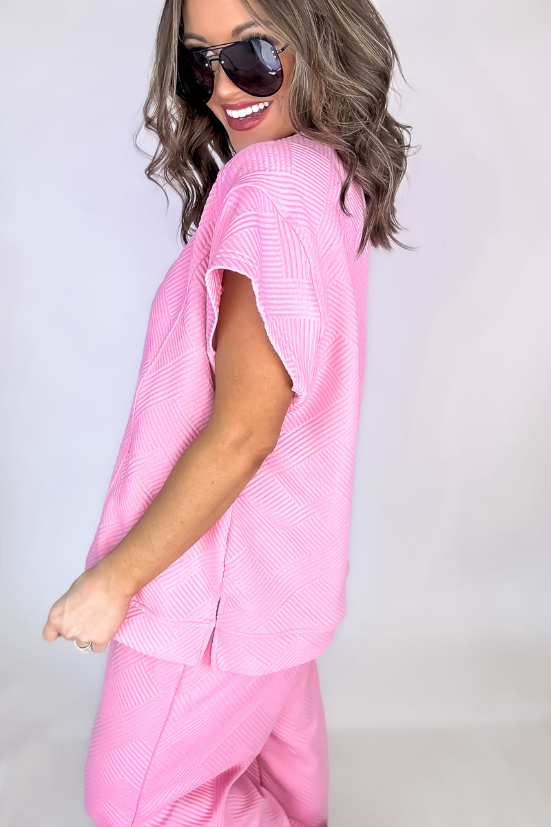 Pink Oversized Criss Cross Jacquard Boxy Cut Short Sleeve Sweatshirt