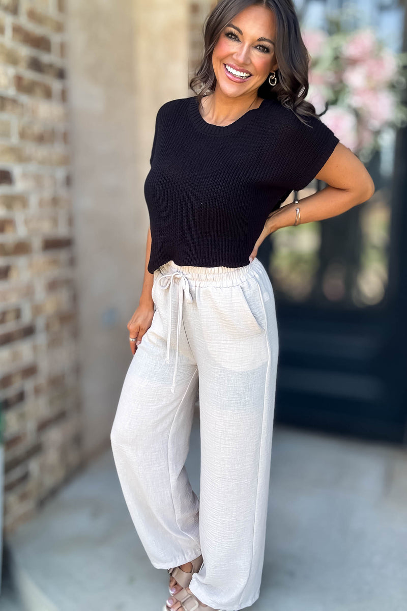 To  Busy To Lounge Sand Beige Woven Crepe Elastic Band Pants