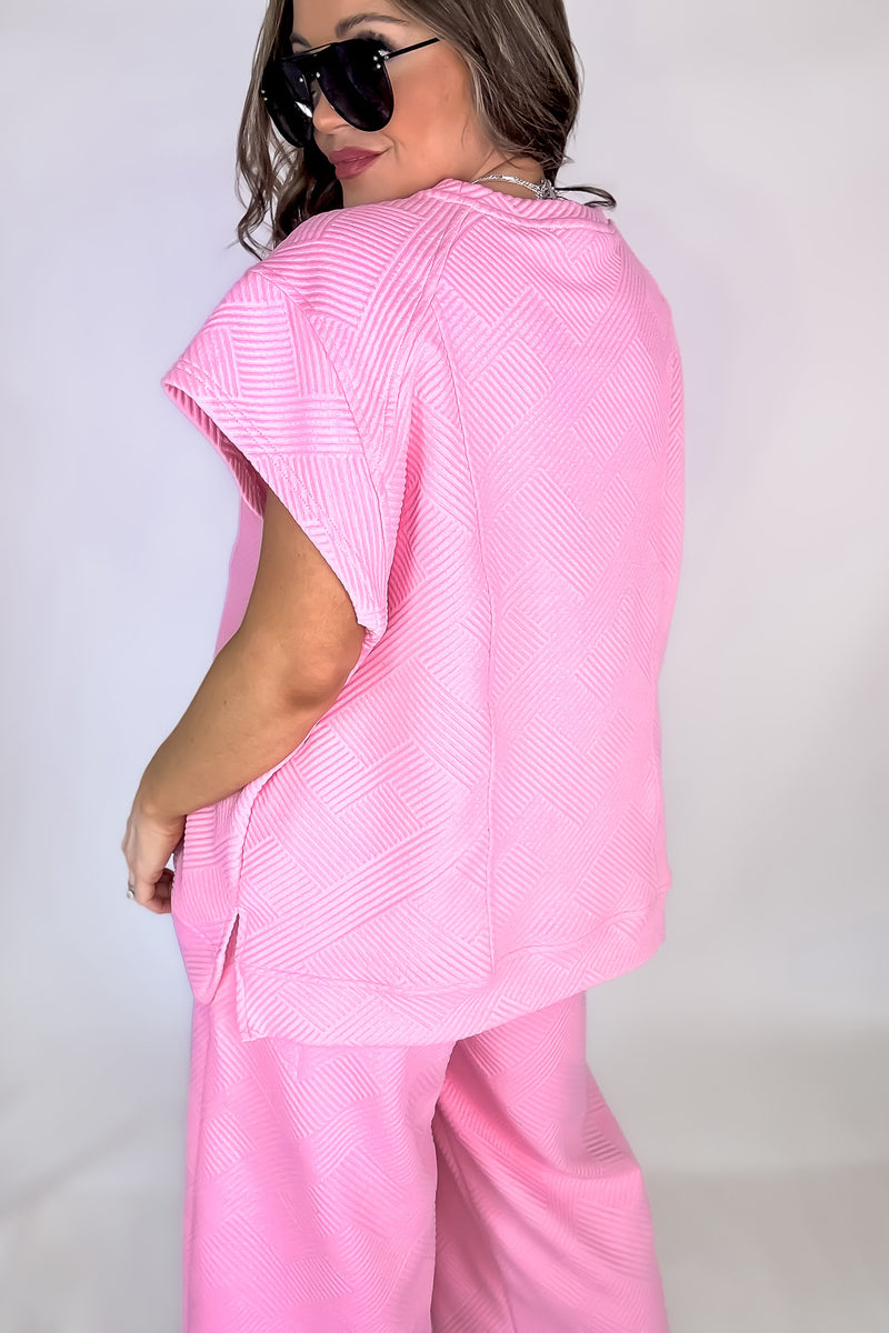 Pink Oversized Criss Cross Jacquard Boxy Cut Short Sleeve Sweatshirt