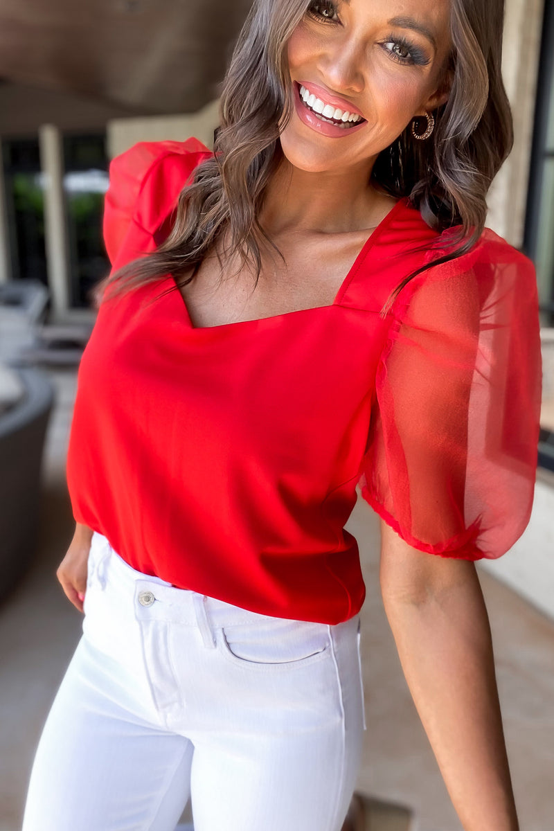 Sight For Sore Eyes Red Sweetheart Organza Balloon Sleeve Top