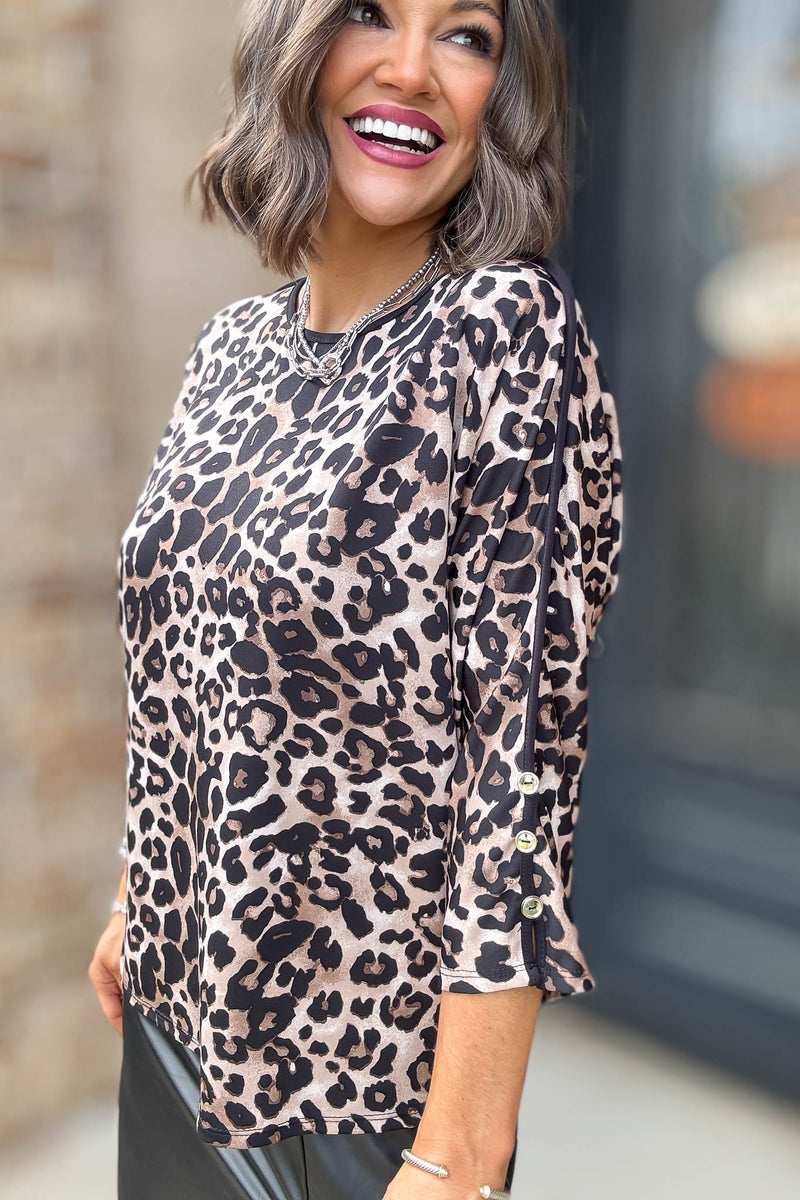 Animal Print Scoop Neck Pipping W/ Button Detail Top
