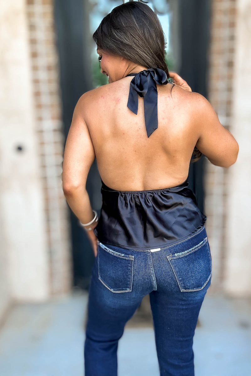 Satin Black Sleeveless Halter Top
