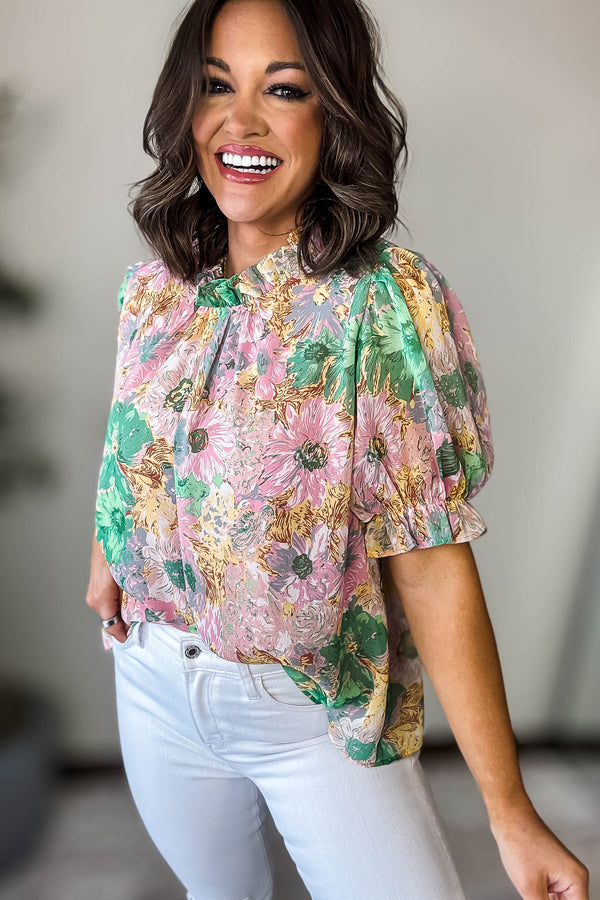 Flower Print Puffed Sleeves Top