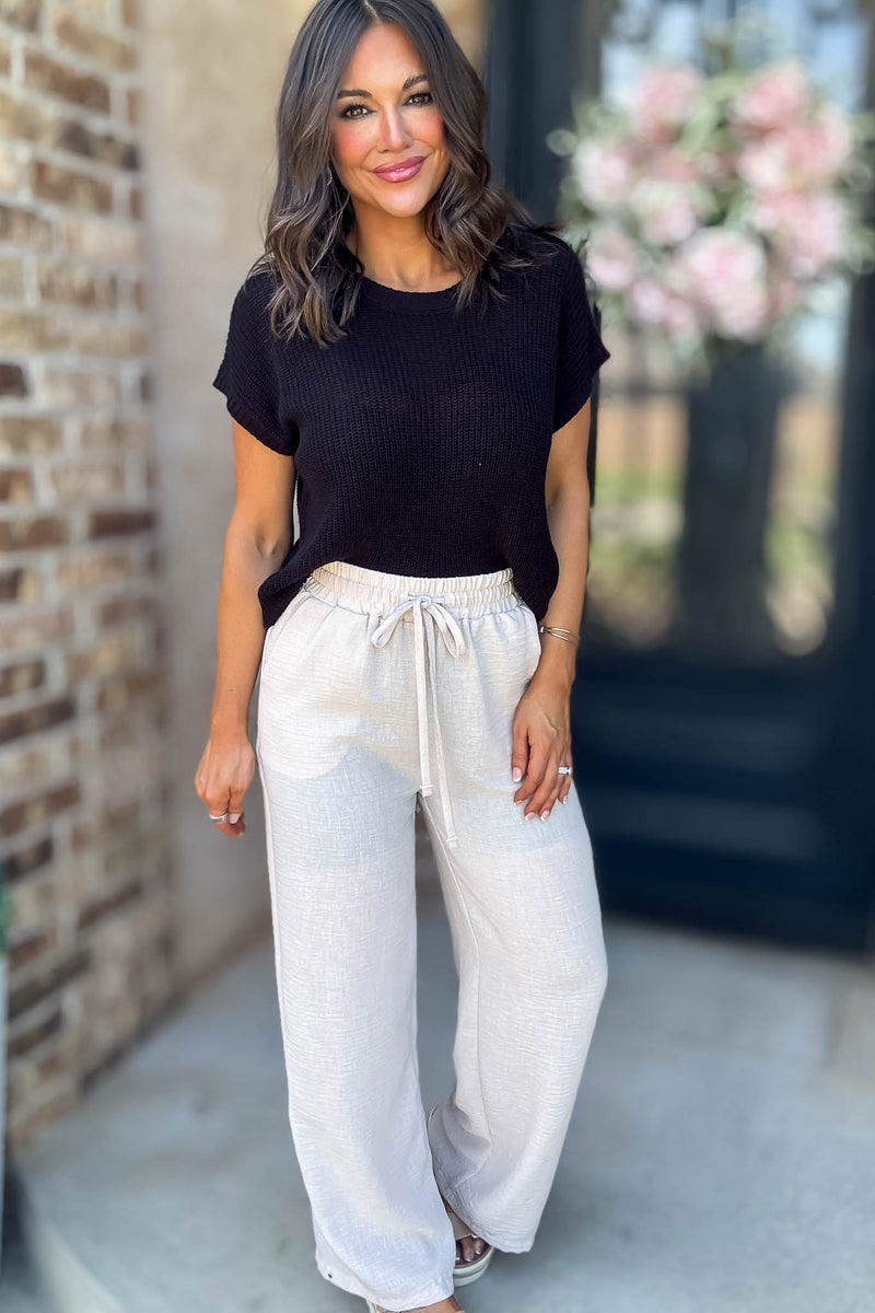 To  Busy To Lounge Sand Beige Woven Crepe Elastic Band Pants