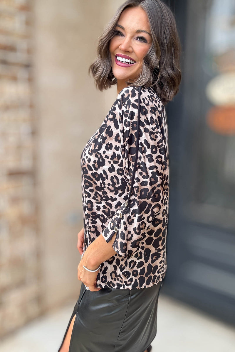 Animal Print Scoop Neck Pipping W/ Button Detail Top