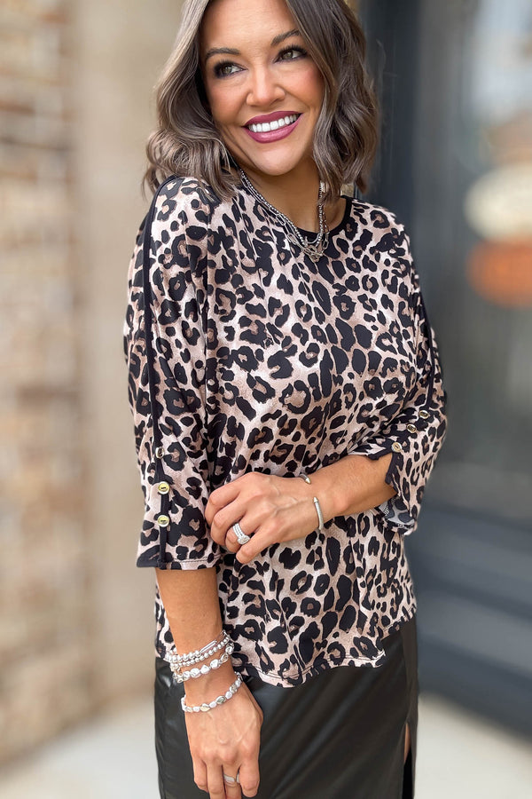 Animal Print Scoop Neck Pipping W/ Button Detail Top