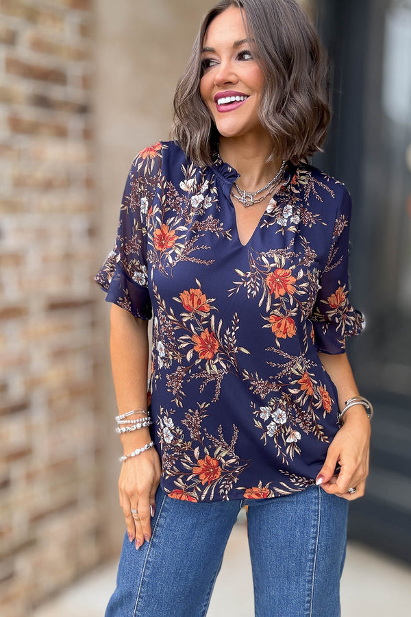 Navy Floral Mix Media Vneck Ruffle Detail Blouse