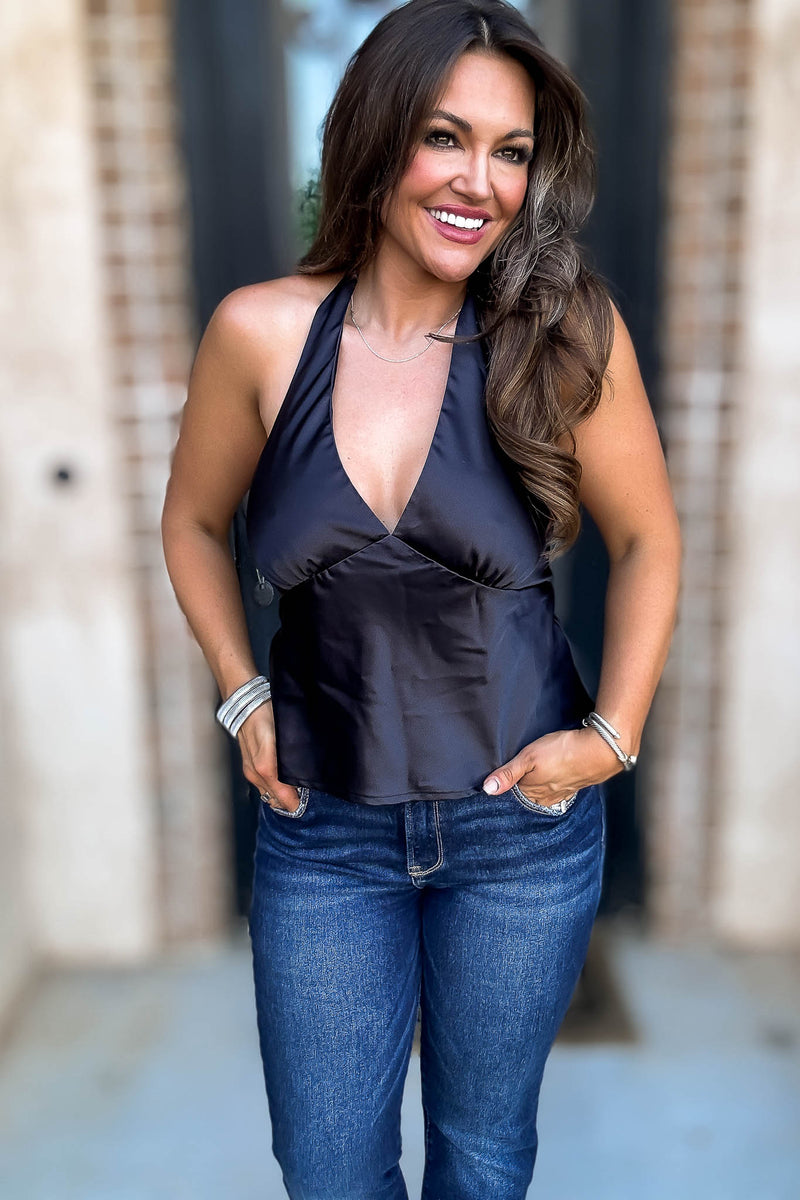 Satin Black Sleeveless Halter Top