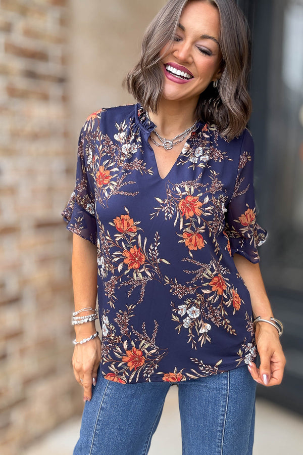Navy Floral Mix Media Vneck Ruffle Detail Blouse