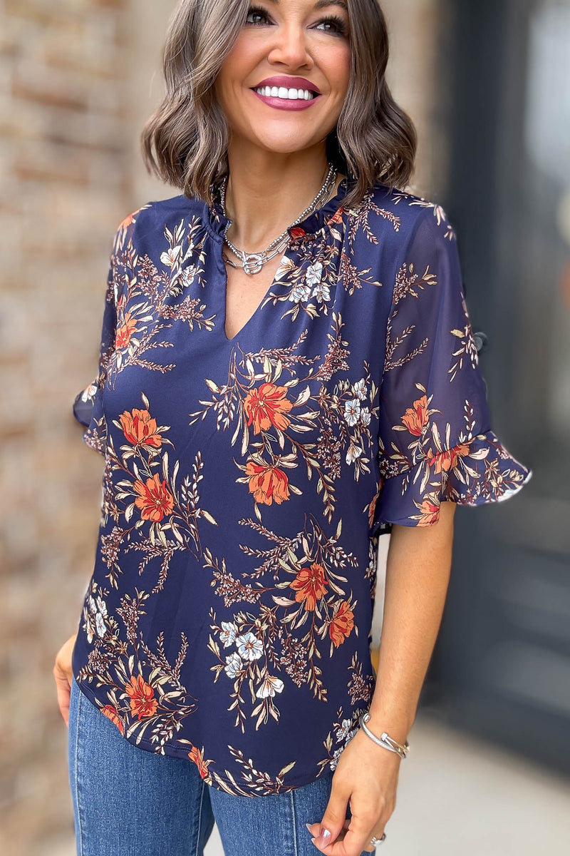 Navy Floral Mix Media Vneck Ruffle Detail Blouse