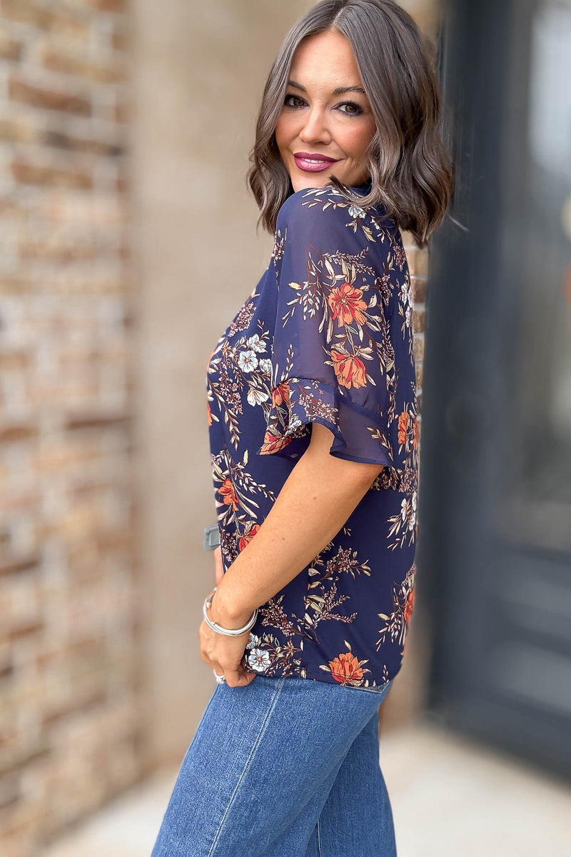 Navy Floral Mix Media Vneck Ruffle Detail Blouse