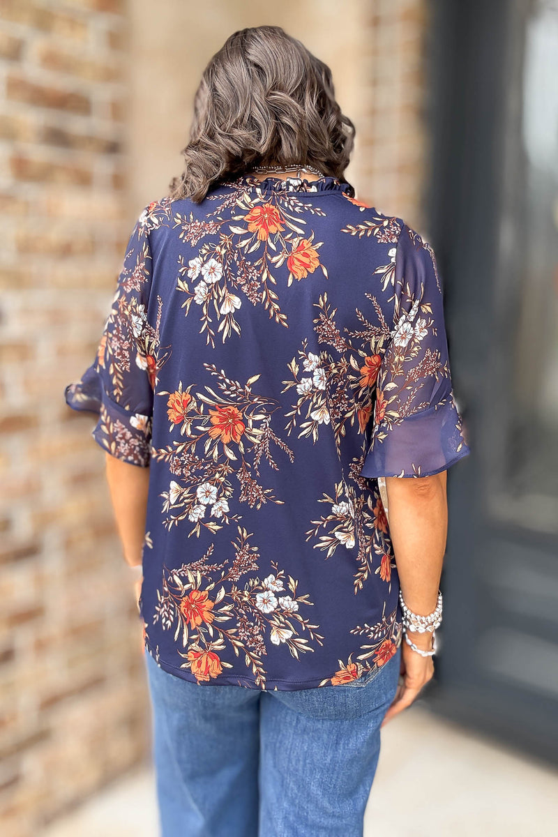 Navy Floral Mix Media Vneck Ruffle Detail Blouse