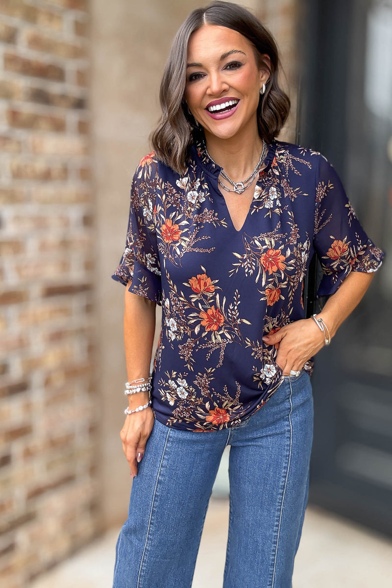 Navy Floral Mix Media Vneck Ruffle Detail Blouse