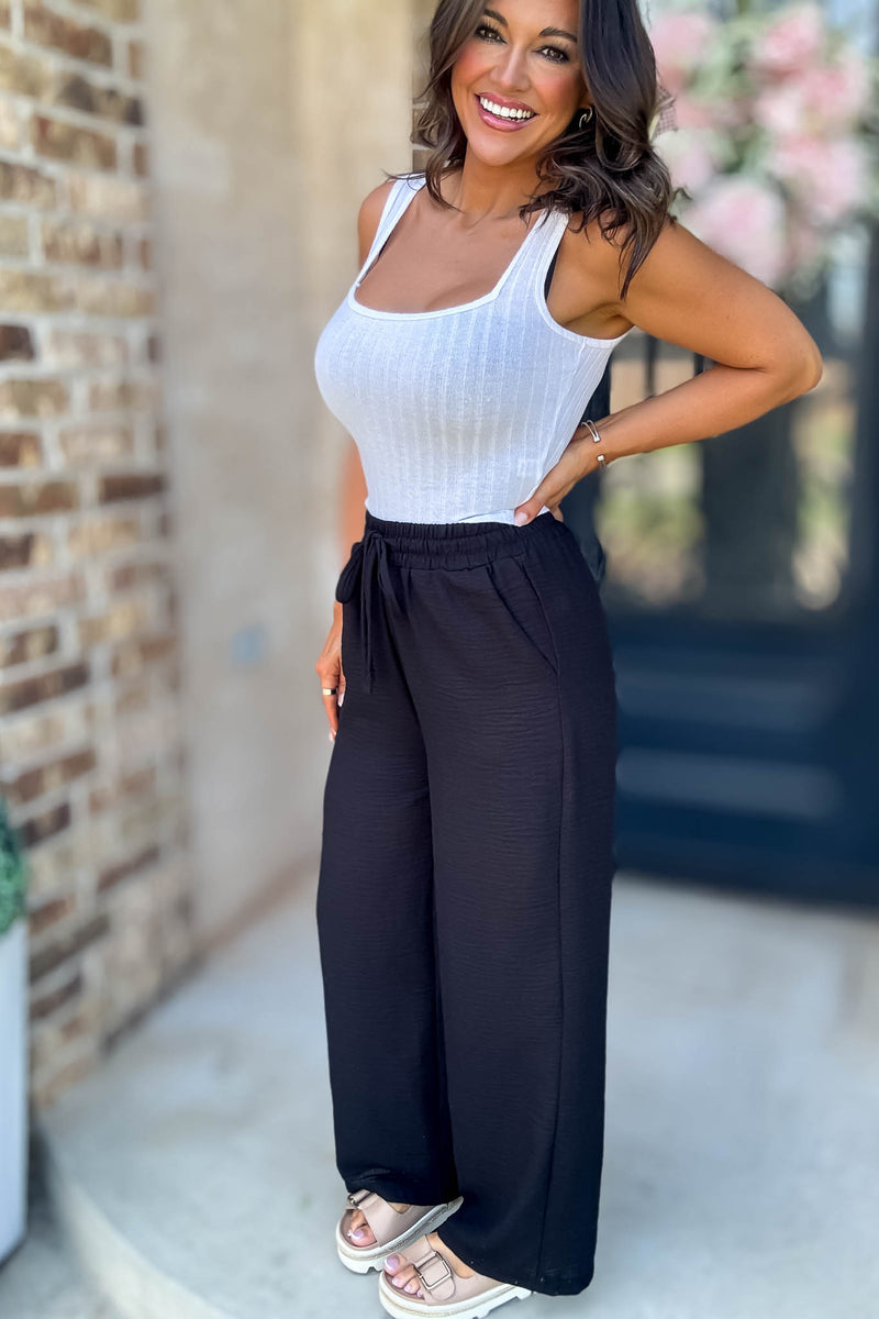 To  Busy To Lounge Black Woven Crepe Elastic Band Pants