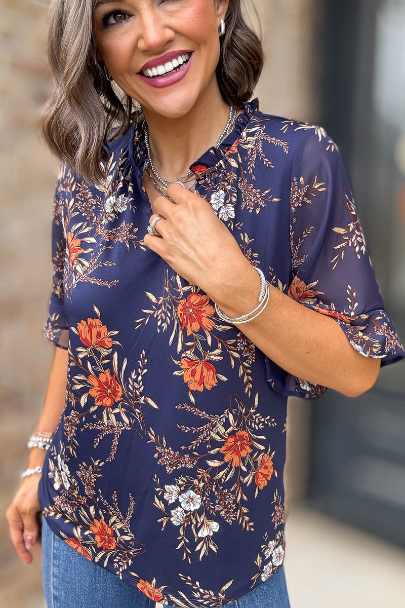 Navy Floral Mix Media Vneck Ruffle Detail Blouse