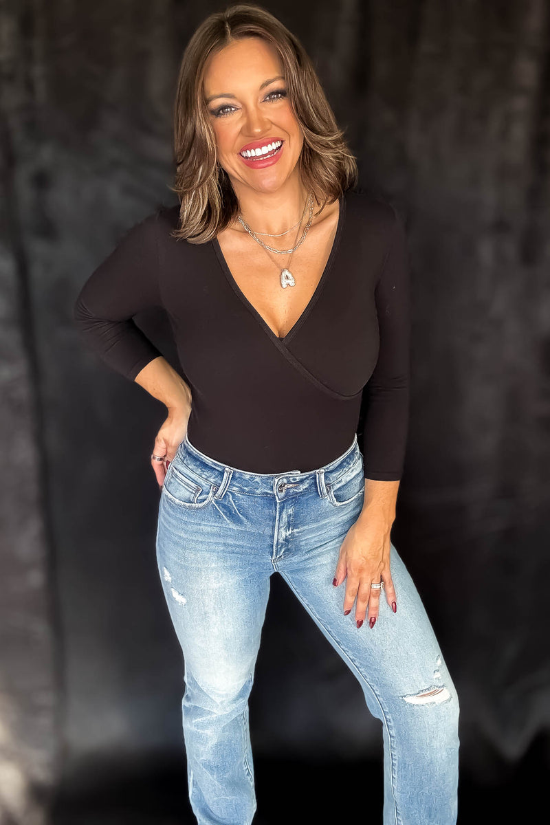 Surplice Black Cotton 3/4 Sleeve Bodysuit