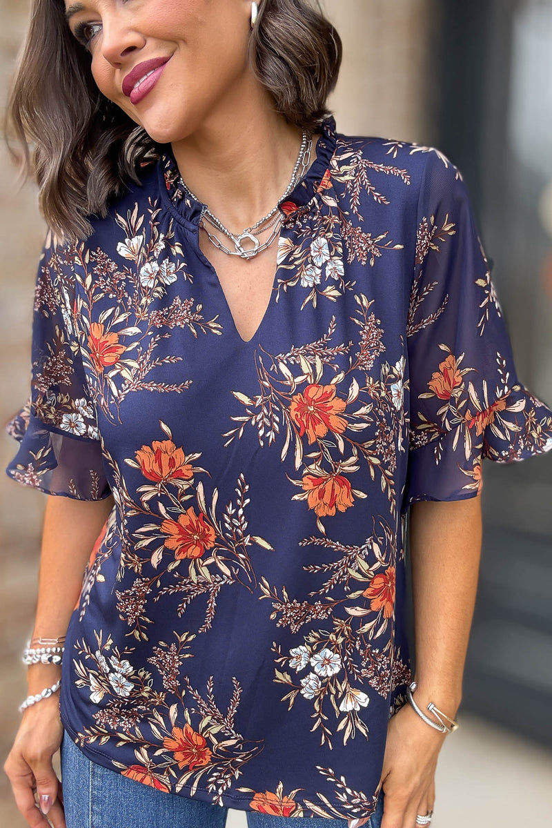Navy Floral Mix Media Vneck Ruffle Detail Blouse