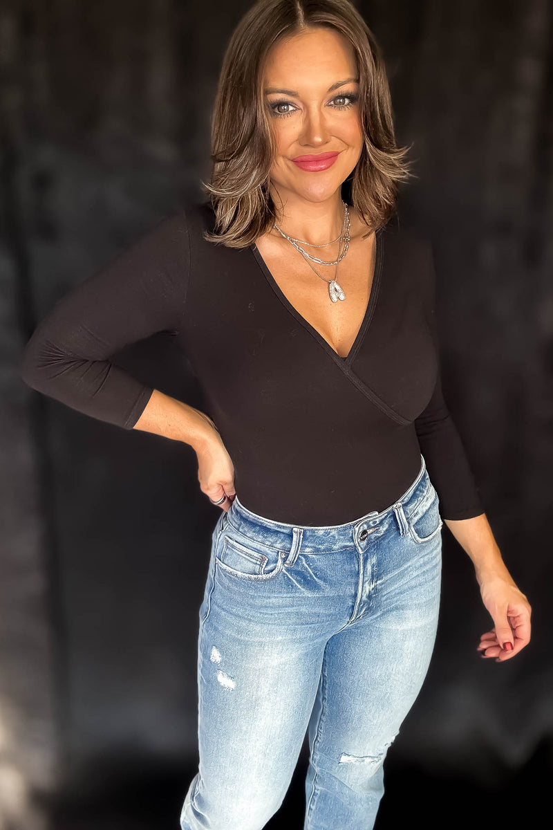 Surplice Black Cotton 3/4 Sleeve Bodysuit
