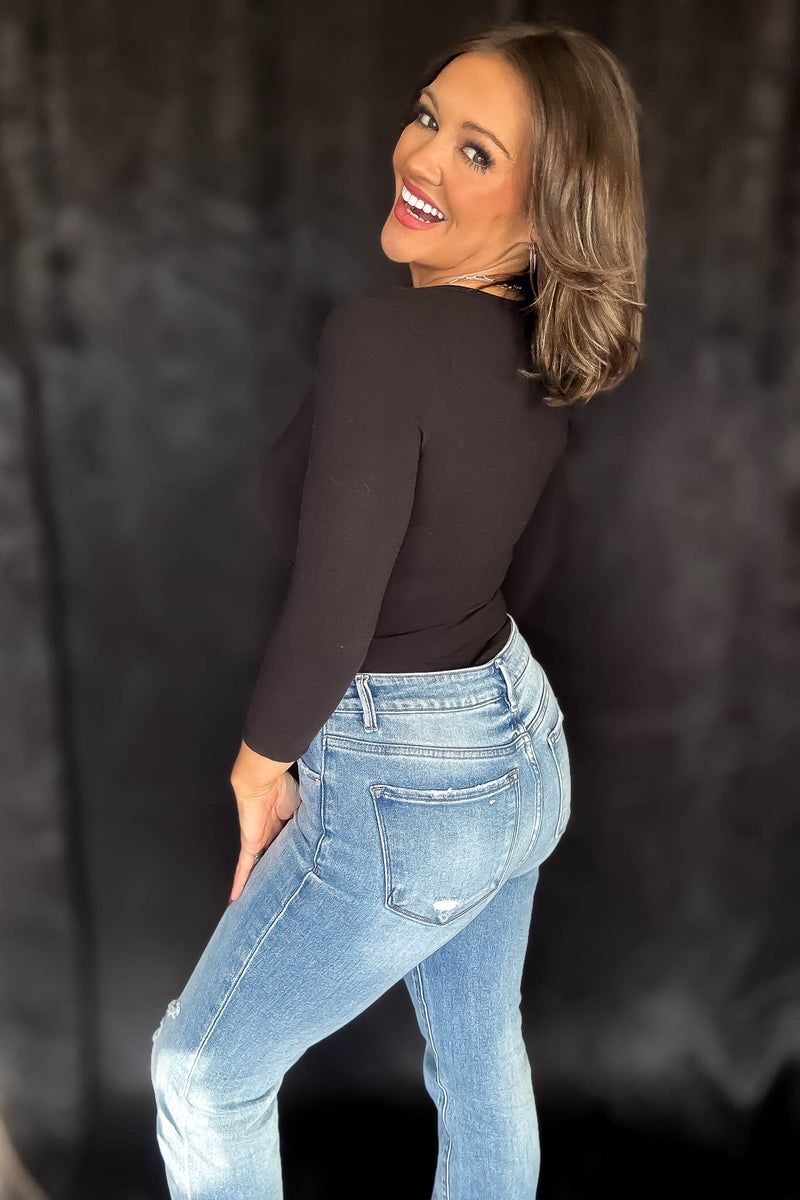 Surplice Black Cotton 3/4 Sleeve Bodysuit