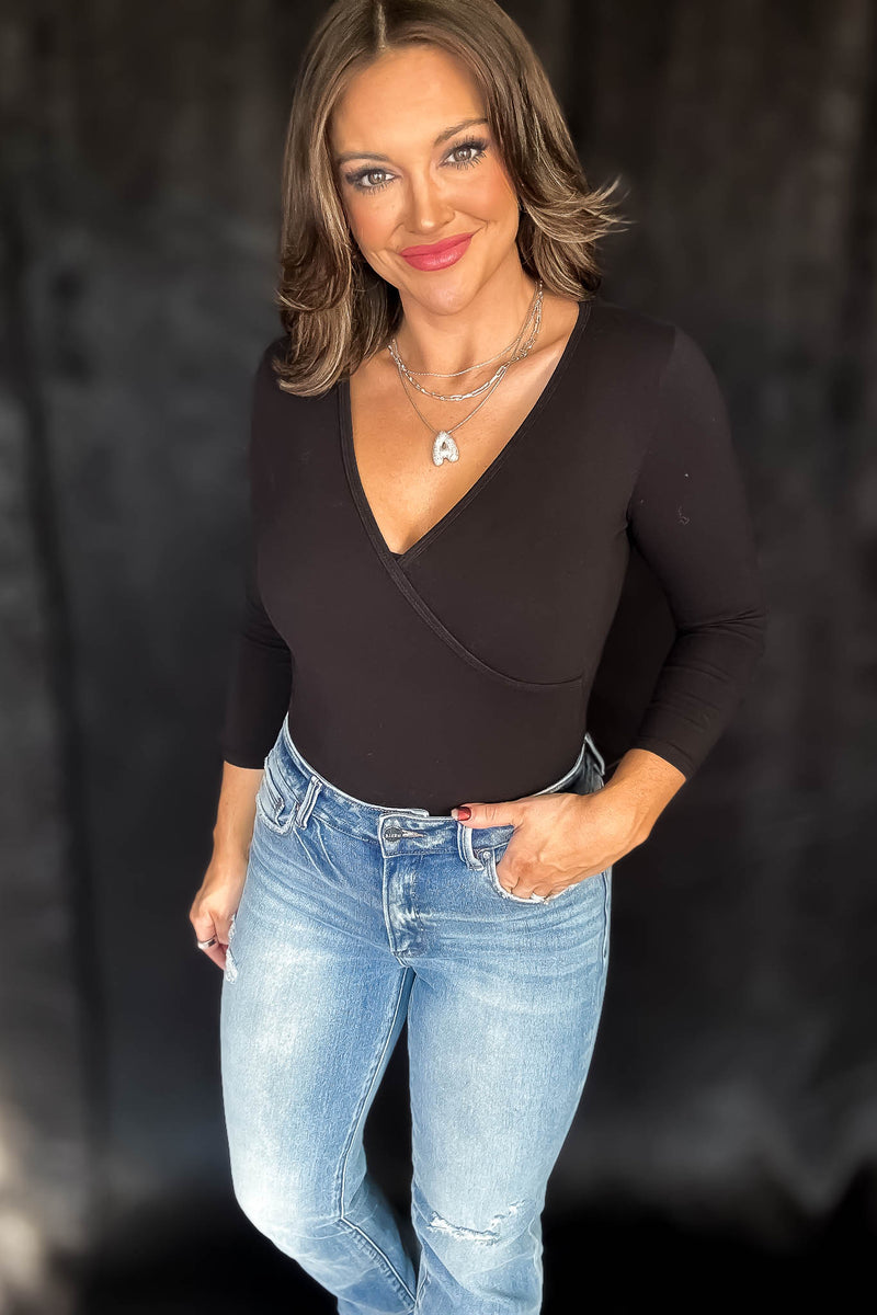 Surplice Black Cotton 3/4 Sleeve Bodysuit