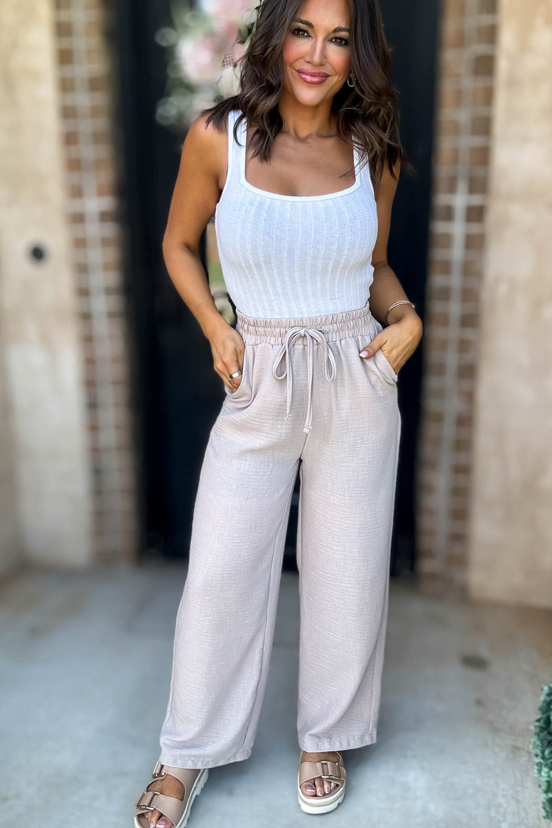 To  Busy To Lounge Ash Mocha Woven Crepe Elastic Band Pants