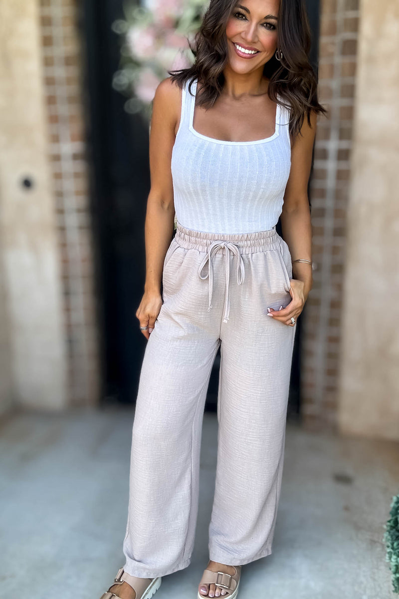 To  Busy To Lounge Ash Mocha Woven Crepe Elastic Band Pants