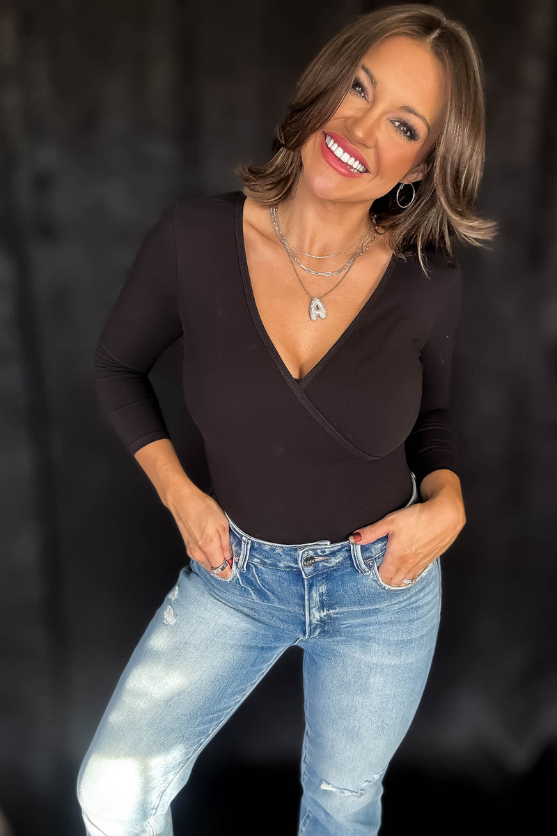 Surplice Black Cotton 3/4 Sleeve Bodysuit